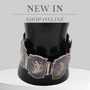 Siam Sterling Silver Bracelet 925 Niello Hindu Goddess Enamel Hinged Panel SZ 7